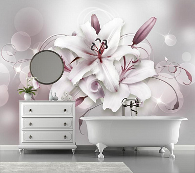 Белые лилии в серебристом цвете   в интерьере ванной