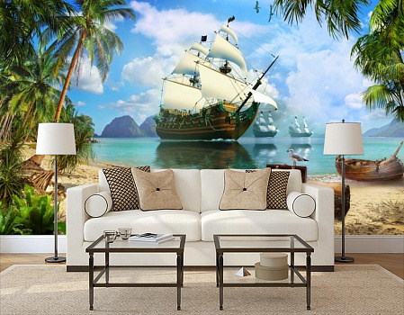 Корабли у необитаемого острова в интерьере гостиной с диваном