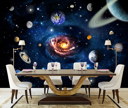 Парад планет в интерьере кухни с большим столом