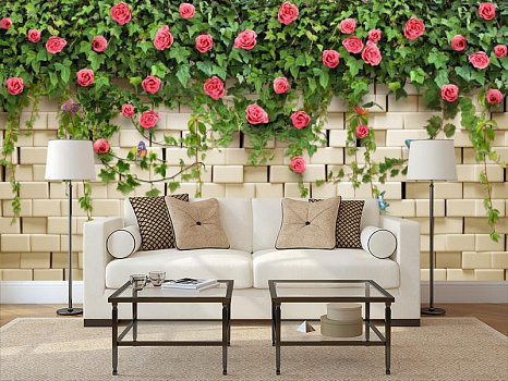 Розы на белом кирпиче в интерьере гостиной с диваном
