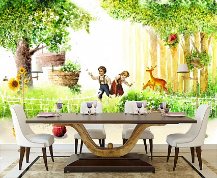Мальчик с девочкой и оленями в интерьере кухни с большим столом