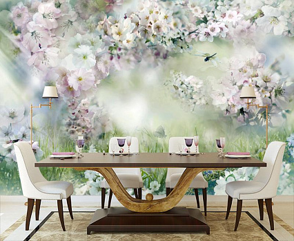 Blooming garden в интерьере кухни с большим столом