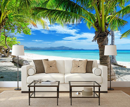 Белый пляж в интерьере гостиной с диваном