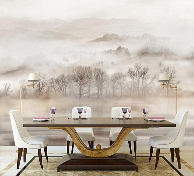 Лес в тумане на фоне гор в интерьере кухни с большим столом