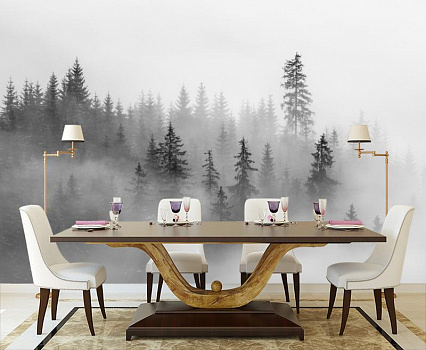 Елки в тумане в интерьере кухни с большим столом