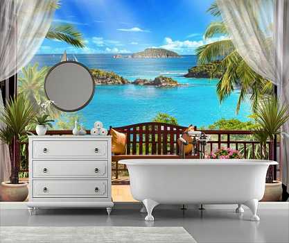 Терасса со морским пейзажем  в интерьере ванной