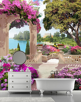 Белая арка утопающая в цветвх в интерьере ванной