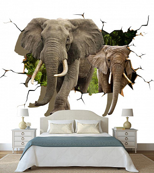 Слоны проламывают и проходят сквозь стену в интерьере спальни