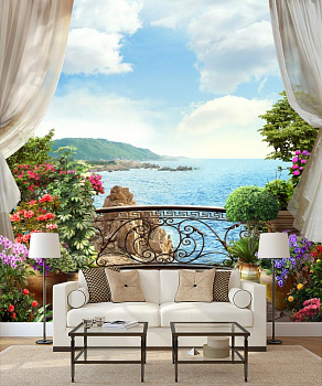 Скалистый берег моря в интерьере гостиной с диваном
