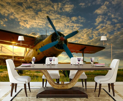 Самолет под голубым небом  в интерьере кухни с большим столом