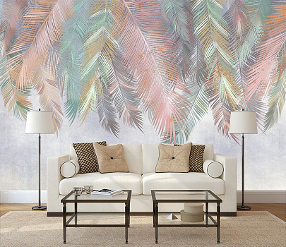Листья Пальмы сверху ЦКР в интерьере гостиной с диваном