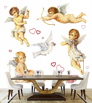 Ангелочки с голубем в интерьере кухни с большим столом