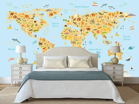 Карта мира желто голубая в интерьере спальни