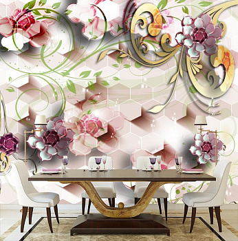 Цветы с ромбами в интерьере кухни с большим столом