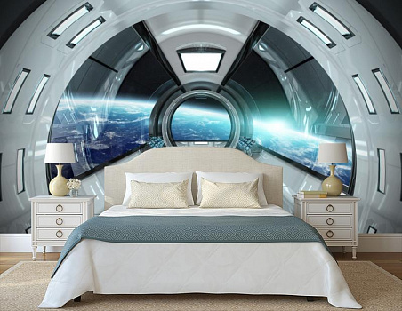 Космос с корабля в интерьере спальни