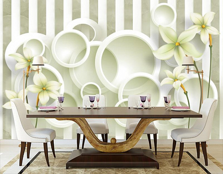 Белые лилии с кругами в интерьере кухни с большим столом