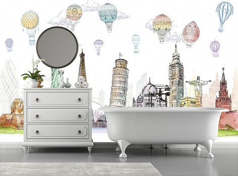 Воздушные шары над известными памятниками мира в интерьере ванной