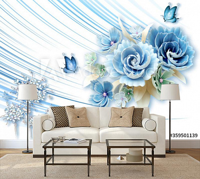 Голубые цветы с бабочками в интерьере гостиной с диваном