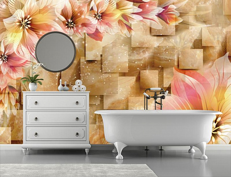 Коричневые квадраты с цветами в интерьере ванной