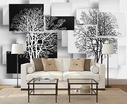 Деревья Инь и Янь в интерьере гостиной с диваном