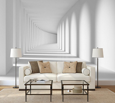 Белоснежный коридор в интерьере гостиной с диваном