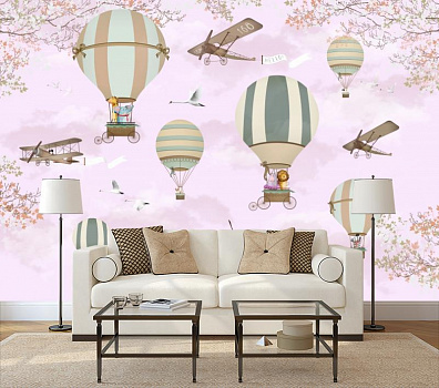 Воздушные шары на розовом небе в интерьере гостиной с диваном