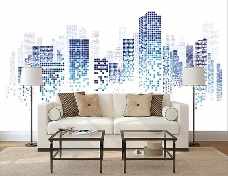 Городская мозайка в интерьере гостиной с диваном