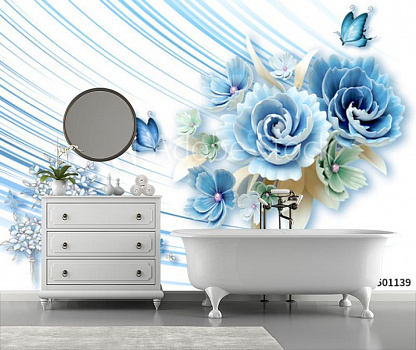 Голубые цветы с бабочками в интерьере ванной