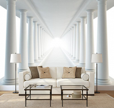 Белый коридор из колонн в интерьере гостиной с диваном