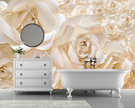 Стена из белых роз в интерьере ванной