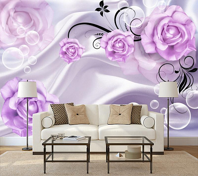 Воздушные пузыри с розами на белом шелке в интерьере гостиной с диваном