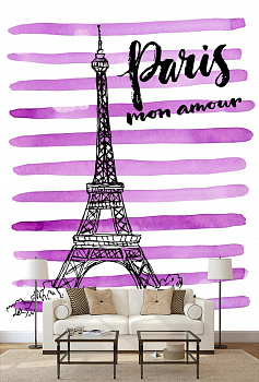 Эйфелева башня в Париже в интерьере гостиной с диваном