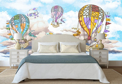 Воздушные шары в облаках в интерьере спальни