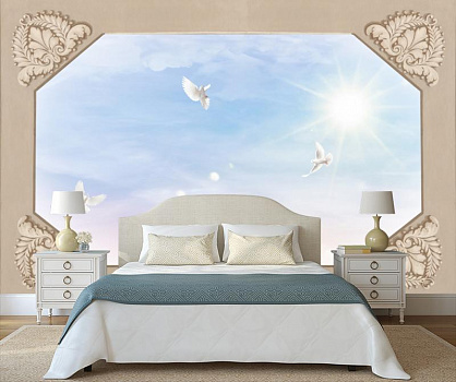 Белые голуби в небе в интерьере спальни