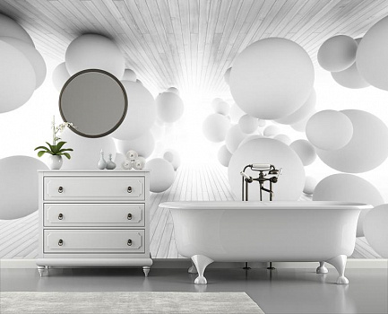 Парящие белые шары в интерьере ванной