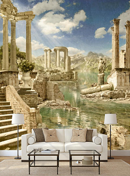Греческие развалины у реки в интерьере гостиной с диваном