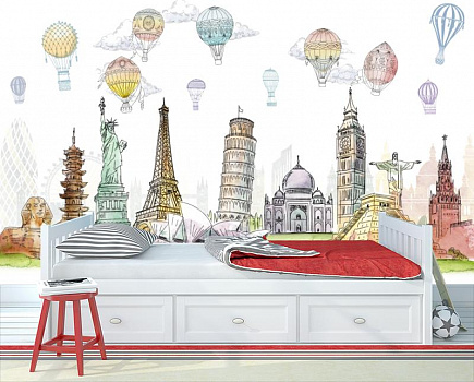 Воздушные шары над известными памятниками мира в интерьере детской комнаты мальчика