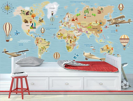 Карта мира в спокойных тонах в интерьере детской комнаты мальчика