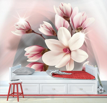 Белые цветы на розово-сером  в интерьере детской комнаты мальчика
