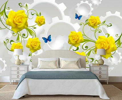 Желтые розы на белых фигурах в интерьере спальни