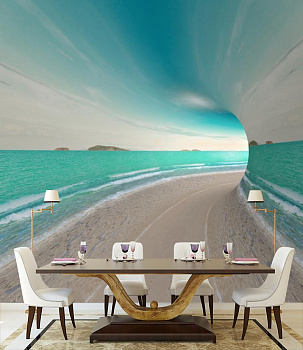 Морской тоннель в интерьере кухни с большим столом