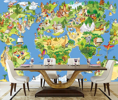 Веселая карта мира в интерьере кухни с большим столом