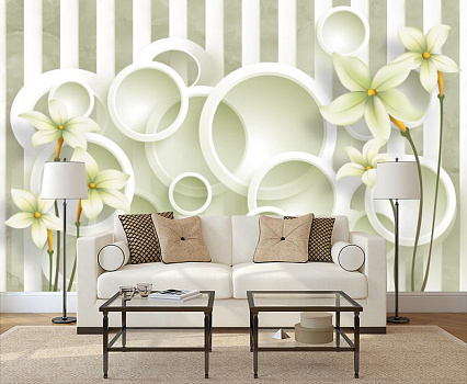 Белые лилии с кругами в интерьере гостиной с диваном