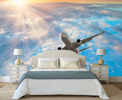 Самолет в голубой выси в интерьере спальни