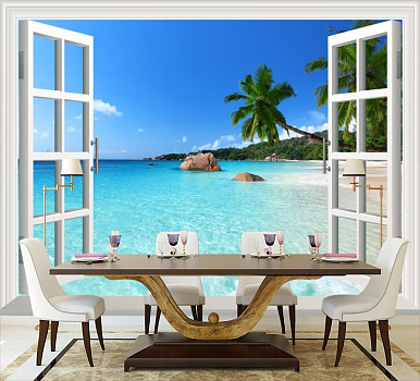 Окно на тропическое побережье в интерьере кухни с большим столом