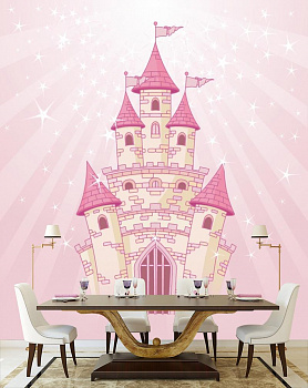 Розовый замок в интерьере кухни с большим столом