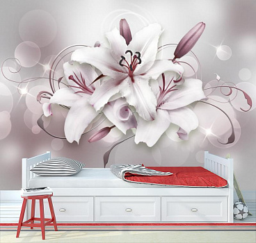 Белые лилии в серебристом цвете   в интерьере детской комнаты мальчика