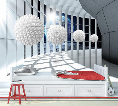Фантастическая терраса с белыми шарами в космосе в интерьере детской комнаты мальчика