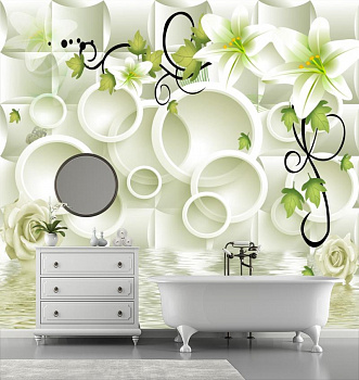 3Д круги и белые цветы в интерьере ванной