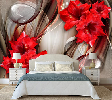Красные лилии  в интерьере спальни